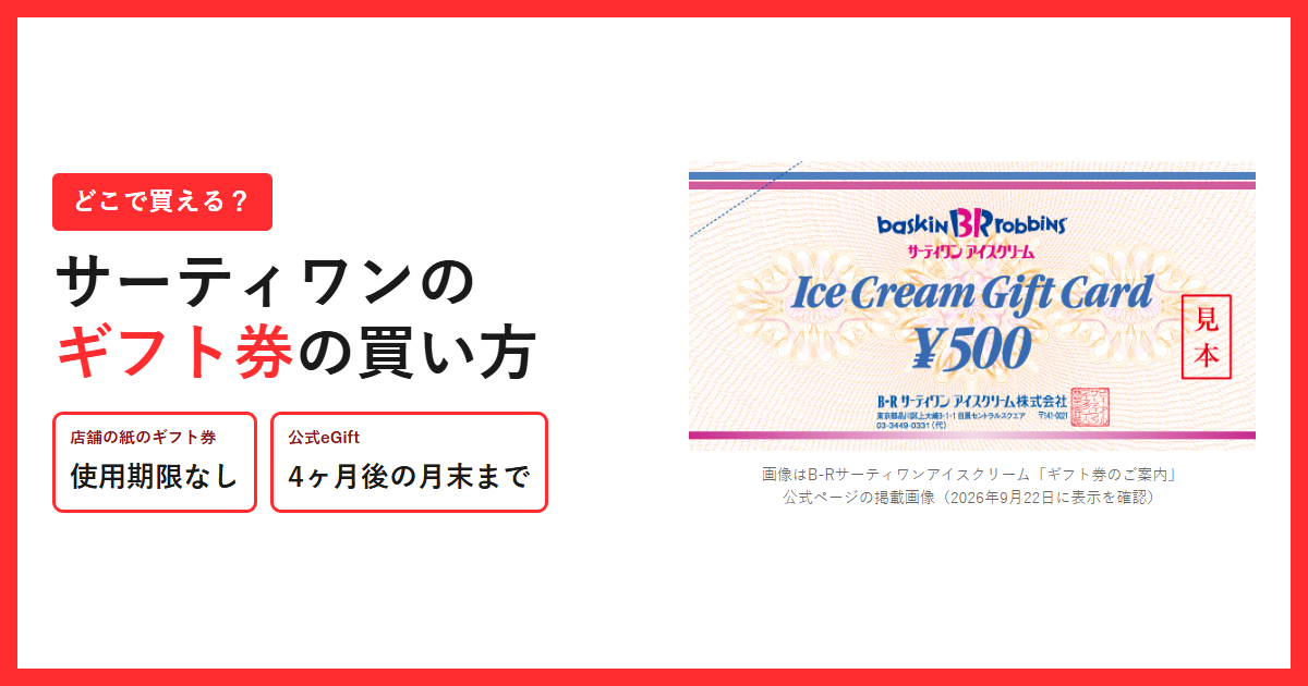 サーティワンの500円ギフト券の見本画像と、紙の券は使用期限なし・公式eGiftは4ヶ月後の月末までという期限の違いを並べたアイキャッチ画像