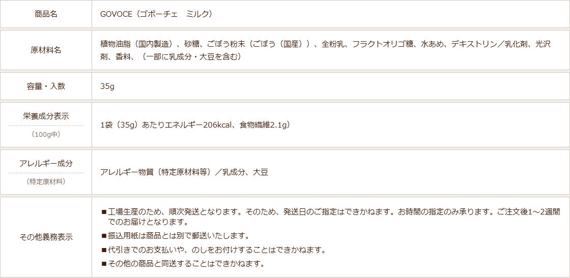 あじかん公式通販サイトのGOVOCEミルクのページに掲載されている内容量・成分・注意事項の表の画面。原材料名、容量35g、栄養成分表示、アレルギー成分などが並んでいる