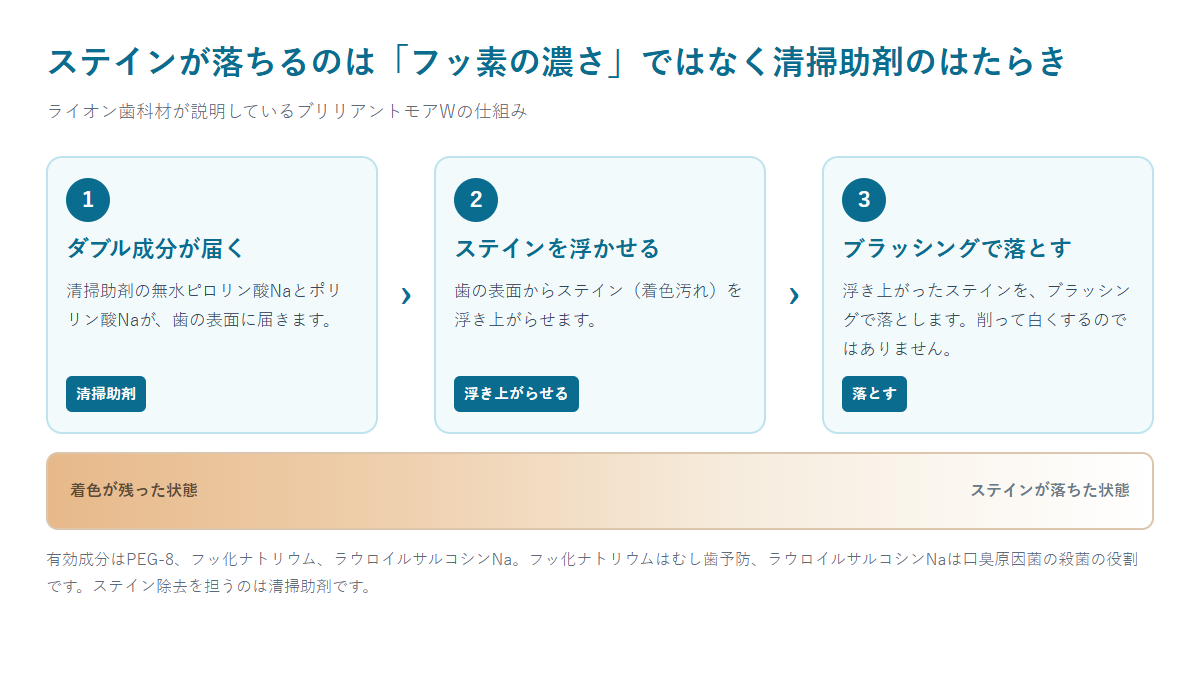 ブリリアントモアWがステインを落とす仕組みを3段階で示した図。清掃助剤が届く、ステインを浮かせる、ブラッシングで落とす