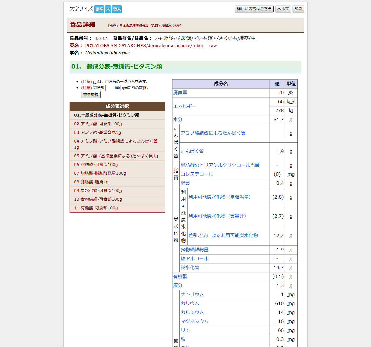 食品成分データベースの公式キャプチャ。きくいも塊茎生のエネルギー66kcal、炭水化物14.7g、食物繊維総量1.9g、カリウム610mgなどが表示されている