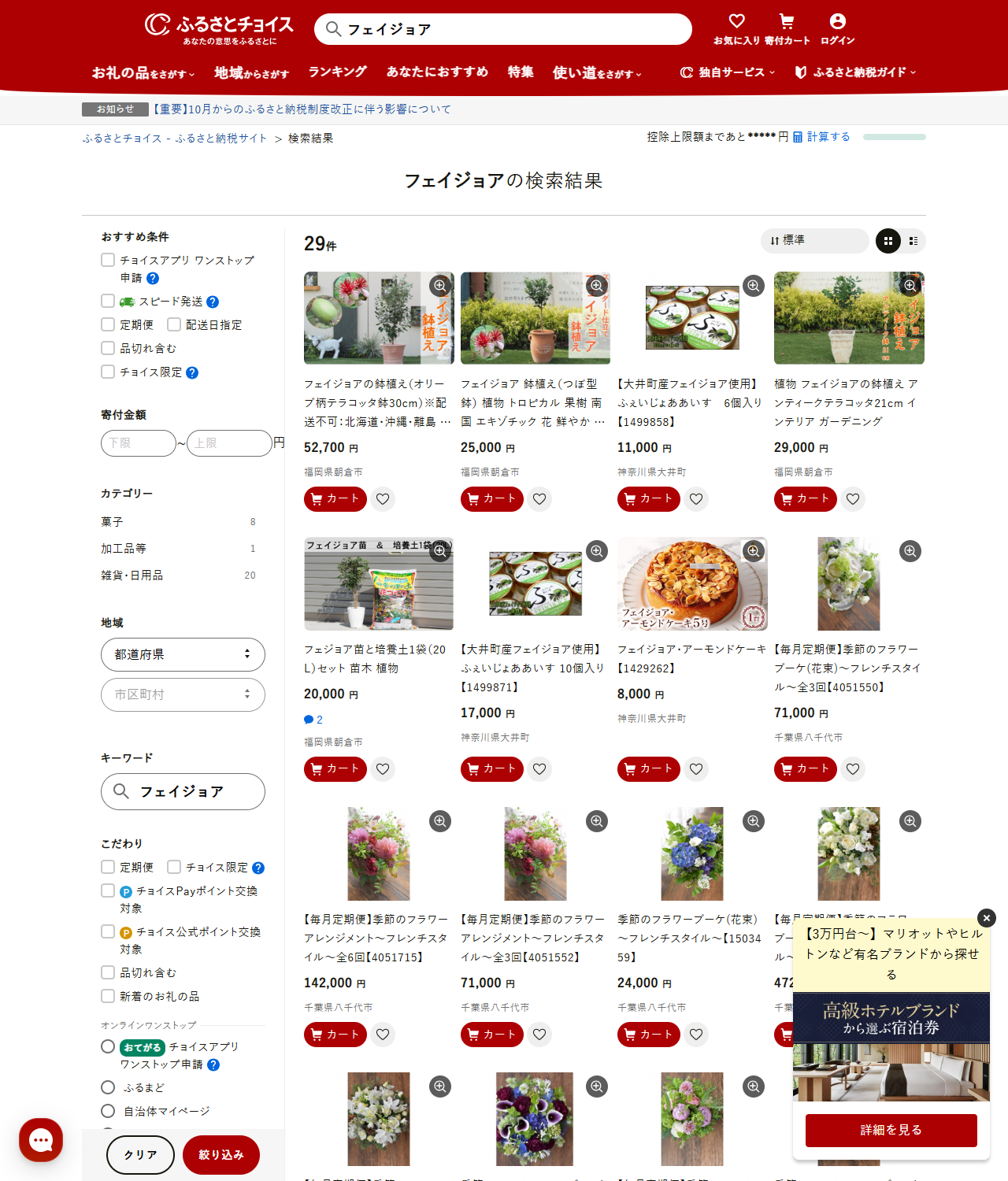 ふるさとチョイスでフェイジョアを検索した公式キャプチャ。29件でカテゴリー内訳は菓子8件、加工品等1件、雑貨・日用品20件