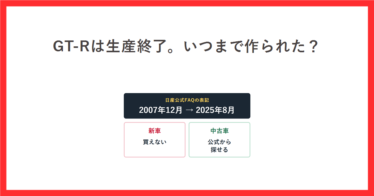 GT-Rの生産期間が2007年12月から2025年8月までであることと、新車は買えず中古車は公式から探せることを整理したアイキャッチ画像