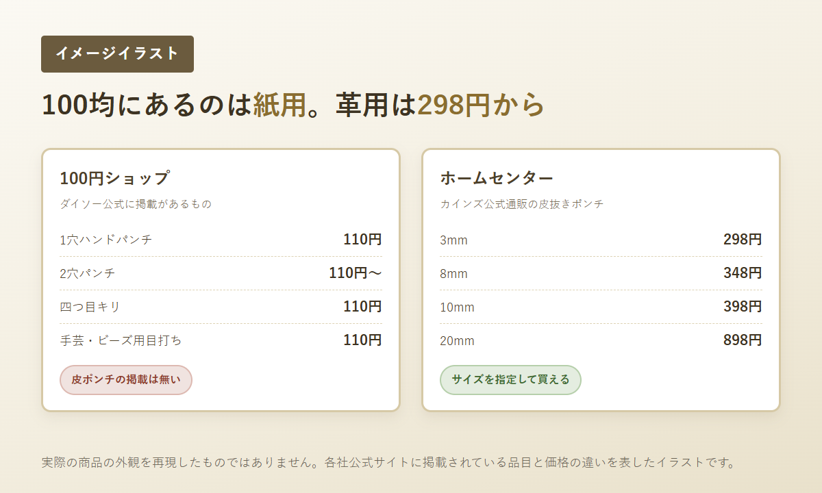 紙用のパンチと革用の皮抜きポンチの価格帯の違いを表したイメージイラスト