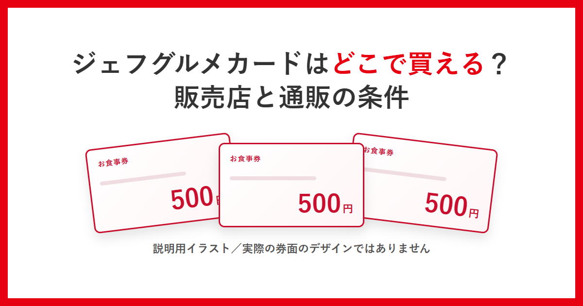 ジェフグルメカードはどこで買えるのかをテーマにしたアイキャッチ。額面500円のお食事券を並べた説明用イラスト
