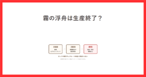 霧の浮舟が生産終了かをテーマにしたアイキャッチ。1980年の発売から現在までの流れを示した説明用の図