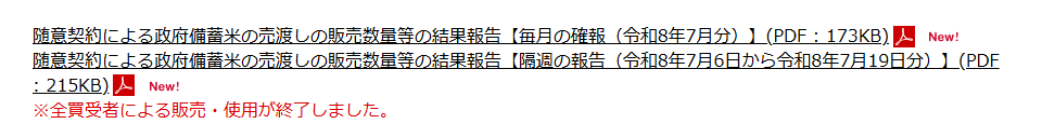 農林水産省の随意契約による政府備蓄米の売渡しのページの画面キャプチャ。結果報告の確報と隔週の報告のリンクの下に、全買受者による販売・使用が終了しましたと書かれている
