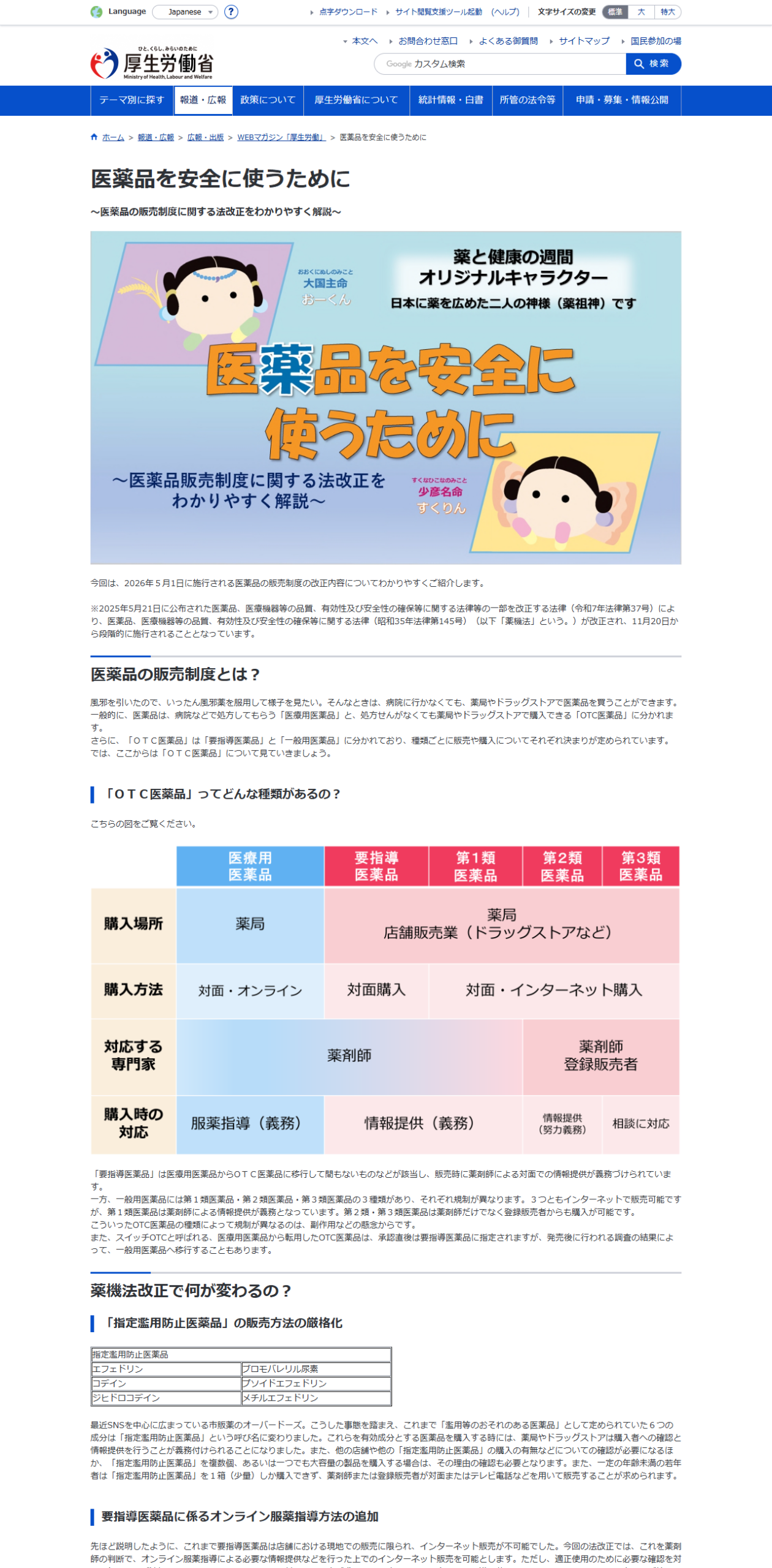 厚生労働省のOTC医薬品の区分と購入方法を示した表の画面キャプチャ