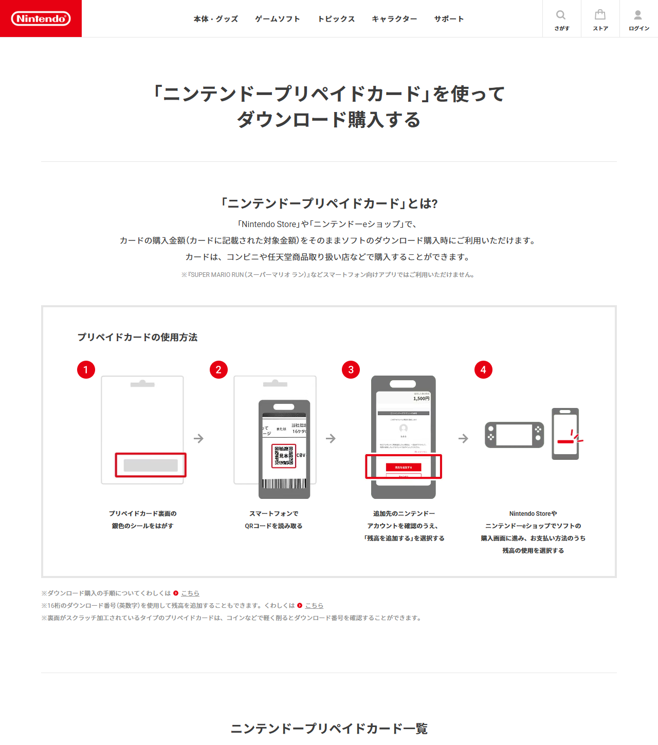 任天堂の公式サイトの「ニンテンドープリペイドカードを使ってダウンロード購入する」ページの画面。カードはコンビニや任天堂商品取り扱い店などで購入できるという説明と、使用方法の4ステップが並んでいる