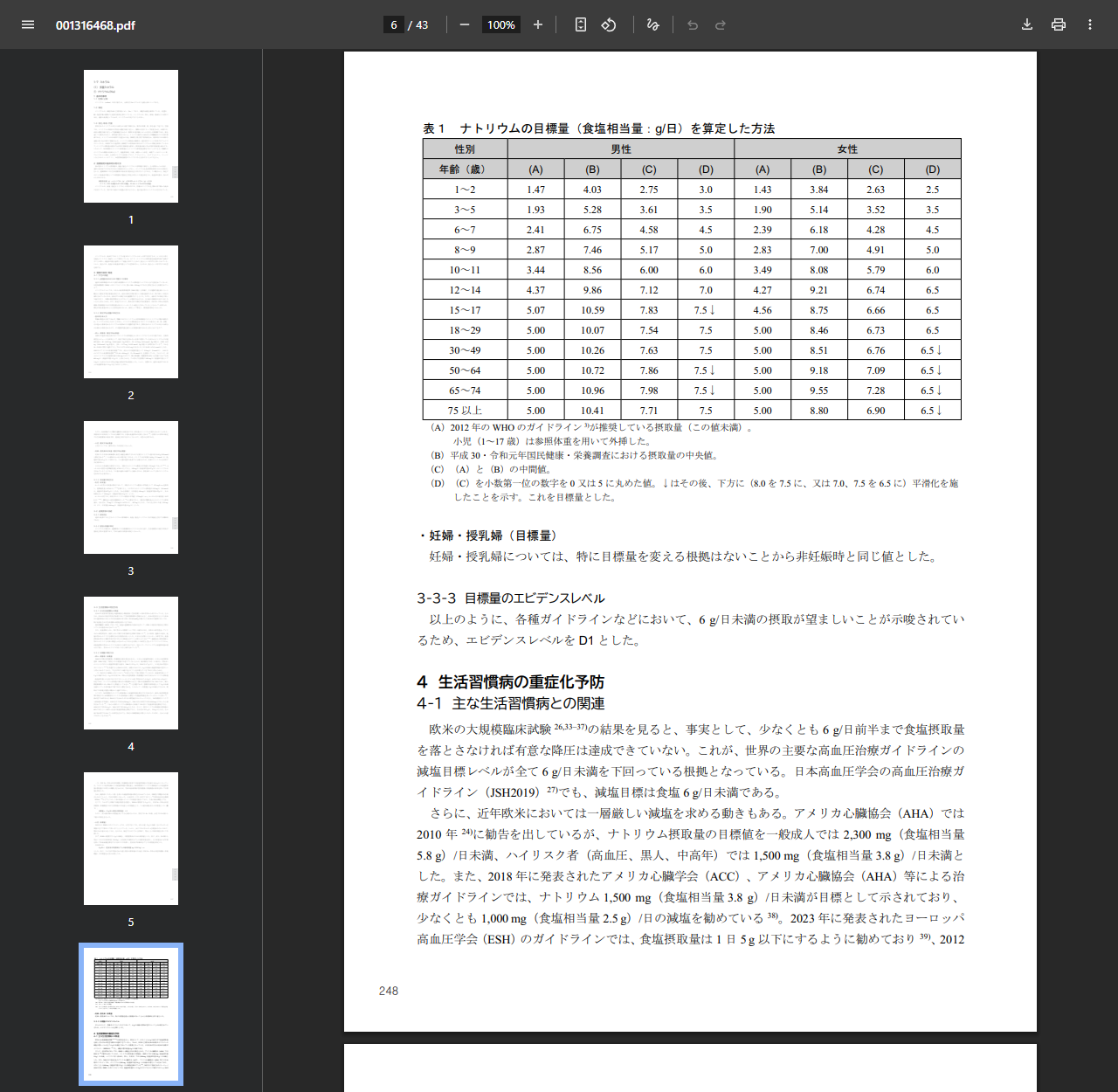 厚生労働省 日本人の食事摂取基準2025年版 多量ミネラルの章にある表1。ナトリウムの目標量を食塩相当量g/日で示し、18歳以上の男性は7.5、女性は6.5と記載されている。高血圧およびCKDの重症化予防を目的とした量は食塩相当量6g/日未満