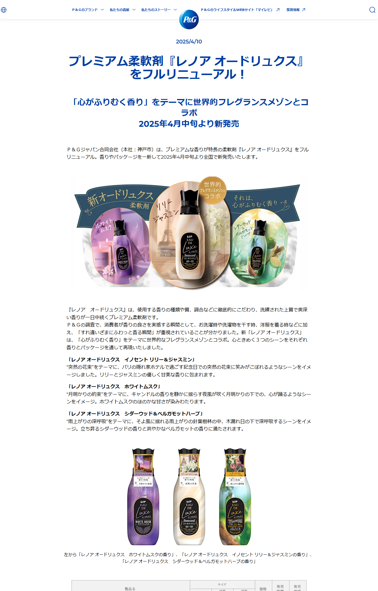 P&Gジャパンの2025年4月10日の発表資料。プレミアム柔軟剤レノア オードリュクスをフルリニューアル、心がふりむく香りをテーマに世界的フレグランスメゾンとコラボ、2025年4月中旬より新発売と記載されている