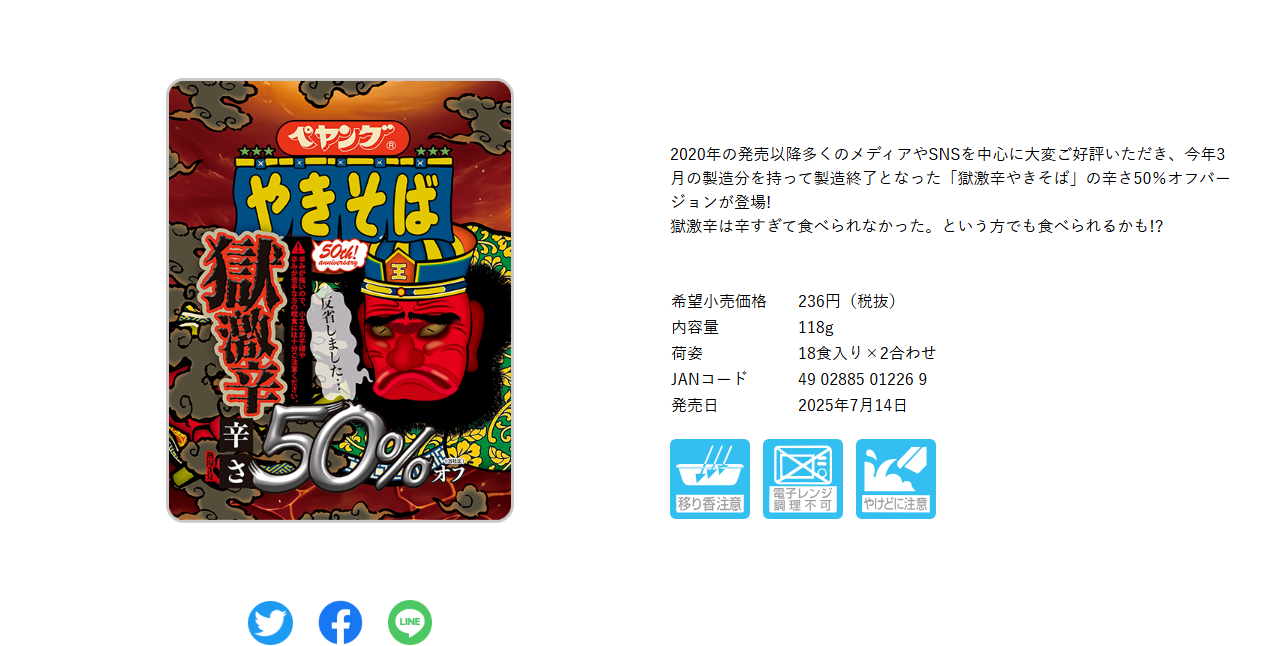 まるか食品公式サイトのペヤング獄激辛やきそば辛さ50%オフの商品ページ。反省しましたという吹き出しの付いた鬼のパッケージ写真の横に、2020年の発売以降多くのメディアやSNSを中心に大変ご好評いただき今年3月の製造分を持って製造終了となった獄激辛やきそばの辛さ50％オフバージョンが登場という説明があり、希望小売価格236円税抜、内容量118g、JANコード49028850122 69、発売日2025年7月14日と書かれている