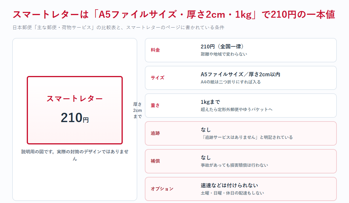 スマートレターの規格を、料金210円・A5ファイルサイズ・厚さ2cm以内・重さ1kgまでと、追跡なし・補償なし・オプション不可に分けて一覧にした図