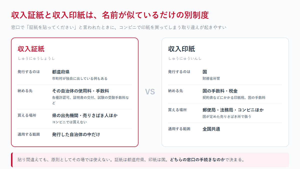 収入証紙と収入印紙の違いを、発行元・納める先・買える場所・通用範囲の4項目で比べた図