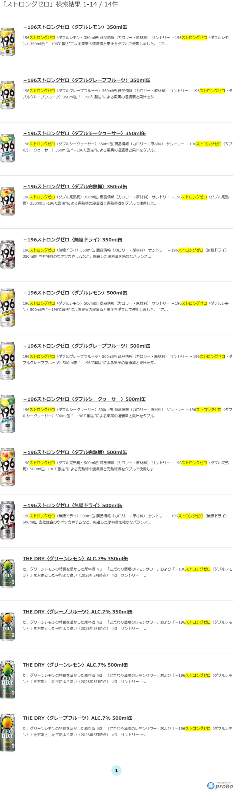 サントリーの商品情報サイトでストロングゼロを検索した結果。ストロングゼロ検索結果1から14の14件と表示され、－196ストロングゼロのダブルレモン、ダブルグレープフルーツ、ダブルシークヮーサー、ダブル完熟梅、無糖ドライがそれぞれ350ml缶と500ml缶で並び、最後にTHE DRYのグリーンレモンとグレープフルーツが4件続いている