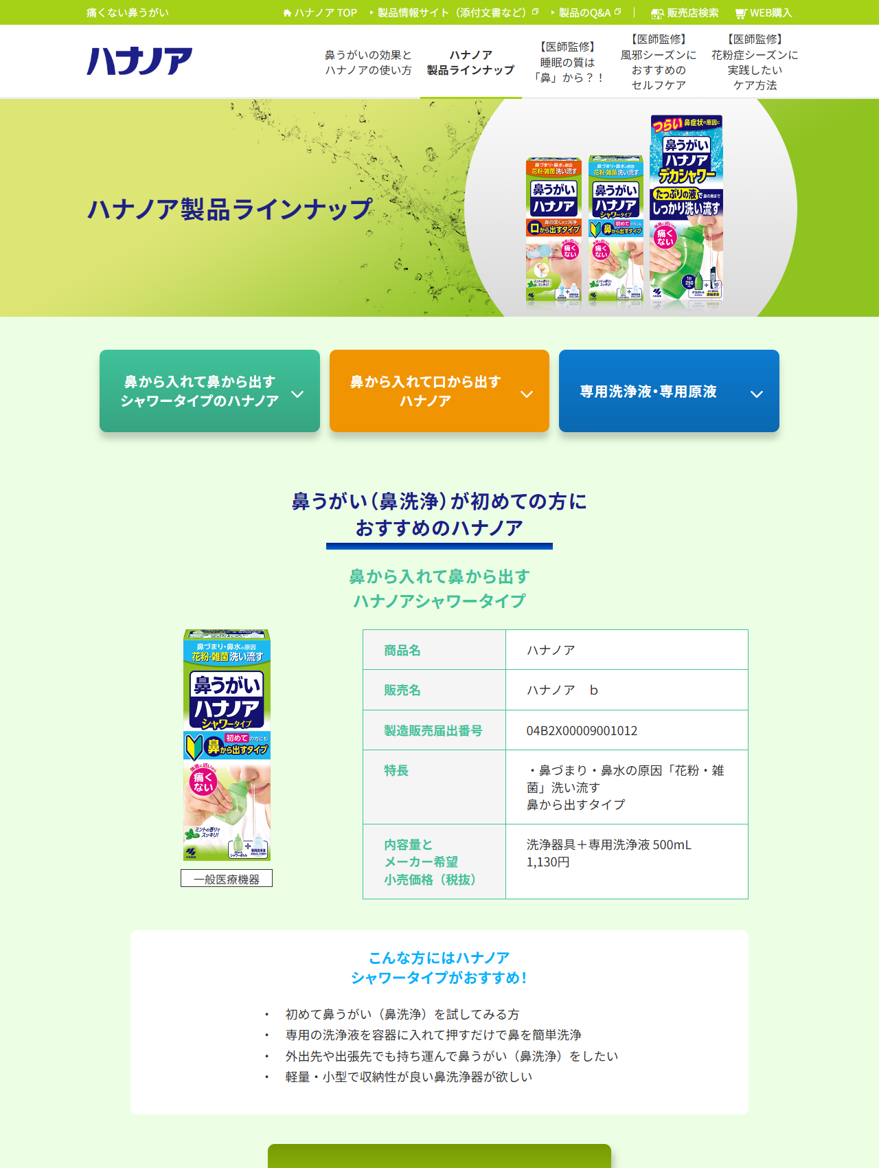 小林製薬「ハナノア製品ラインナップ」。一般医療機器の表示と販売名・製造販売届出番号