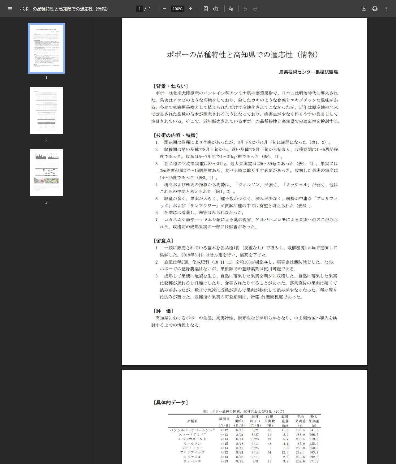 高知県農業技術センター果樹試験場の試験報告「ポポーの品種特性と高知県での適応性（情報）」の公式キャプチャ画面。収穫期は早い品種で8月上旬から、遅い品種で8月下旬から始まり収穫期間は1〜5週間程度であったこと、平均果実重は85〜312g、成熟した果実の糖度は14〜25度であったこと、収穫後の果実の可食期間は冷蔵で1週間程度であったことが記されている