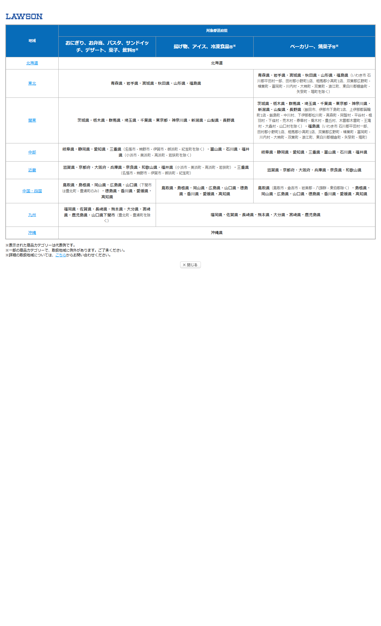 ローソン公式の地域区分についてのページで、8つの地域と対象都道府県が表になっている画面キャプチャ