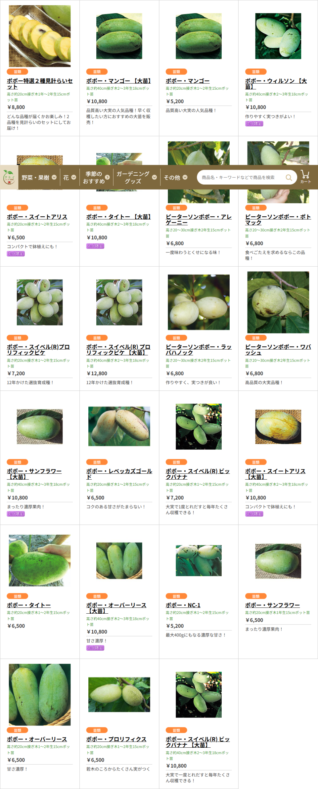 タキイネット通販のポポーの苗一覧の公式キャプチャ画面。ポポー・マンゴー5,200円、ポポー・マンゴー大苗10,800円、ポポー・ウィルソン大苗10,800円、ポポー・スイートアリス6,500円、ピーターソンポポー・アレゲーニー6,800円、ポポー・スイベルプロリフィックピケ大苗12,800円など、品種名と接ぎ木の年数とポットの大きさと価格が並んでいる