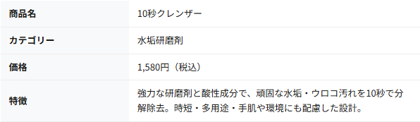 わくたんマーケットの10秒クレンザー商品ページにある商品仕様表のキャプチャ。商品名10秒クレンザー、カテゴリー水垢研磨剤、価格1,580円（税込）と表示されている