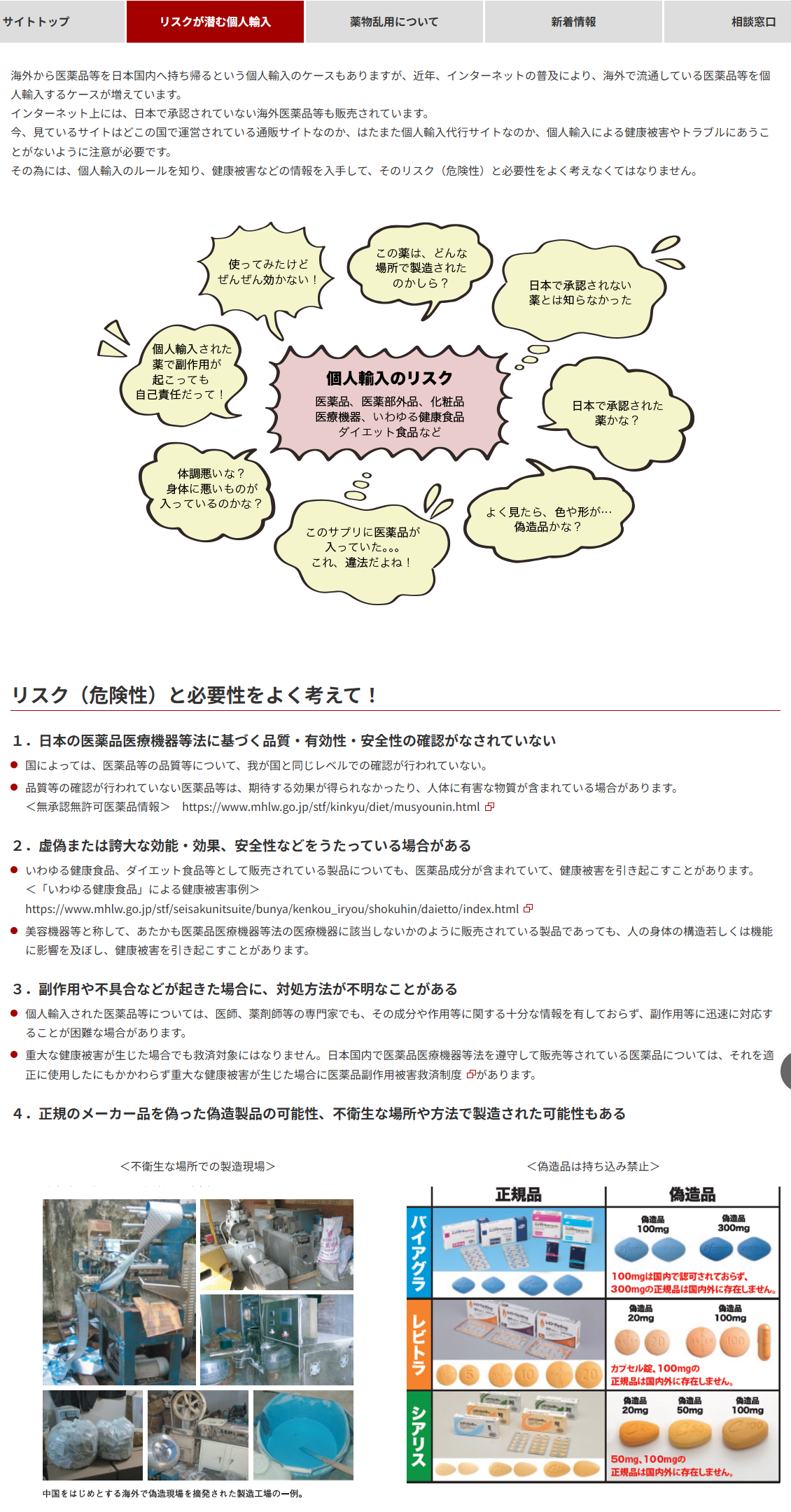 厚生労働省のあやしいヤクブツ連絡ネットの個人輸入のリスクのページの公式キャプチャ画面。リスク(危険性)と必要性をよく考えて!という見出しの下に4項目が並び、3番目の副作用や不具合などが起きた場合に、対処方法が不明なことがあるの中に、重大な健康被害が生じた場合でも救済対象にはなりませんと書かれている